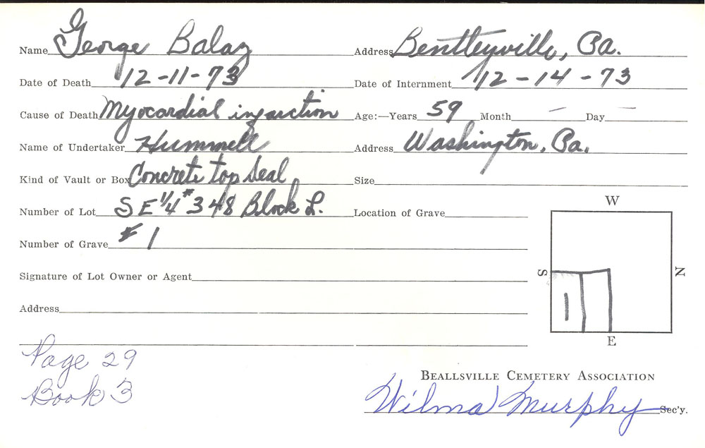 George Balaz burial card